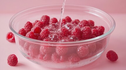 Poster - Fresh raspberries in a bowl with water pouring over them against a pink background.
