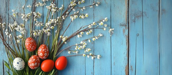 Poster - Colorful Easter eggs and decorative branches arranged on a blue wooden background for spring celebration and festive decorations.