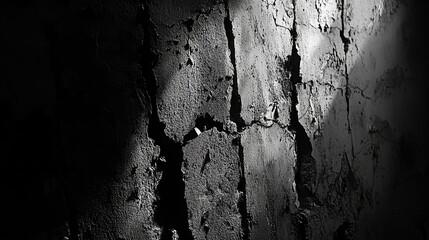 Poster - Textured cracked cement wall in monochrome highlighting imperfections and shadows for a dramatic architectural background.