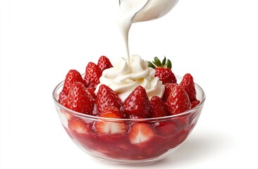 Poster - A glass bowl filled with fresh strawberries topped with whipped cream.
