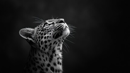 Aufkleber - A black and white portrait of a leopard gazing upwards, showcasing its striking features.