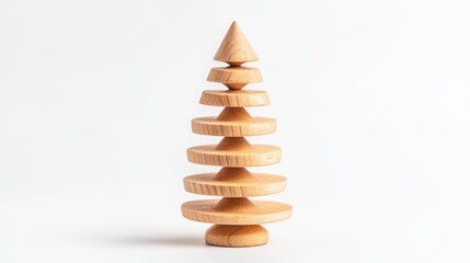 Canvas Print - Natural wooden Christmas tree toy elegantly stacked on a white background perfect for holiday decorations or seasonal crafts themes.