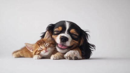 Poster - A dog and a cat cuddling together, showcasing friendship and warmth.