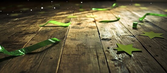 Poster - Green tape stars scattered on a wooden floor with soft lighting and magical bokeh effect creating a whimsical and festive atmosphere