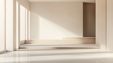 Poster - A minimalist interior space featuring steps and large windows with soft natural light.