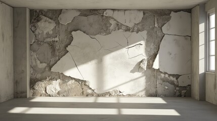 Poster - interior of a room with cracked walls and sunlight casting shadows creating an aesthetic design for 