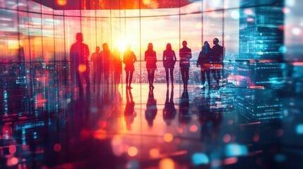 Fototapete - Silhouetted figures against a sunset in a futuristic cityscape.