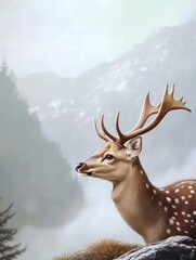 Poster - A serene deer with antlers gazes into the distance amidst a misty mountainous landscape.