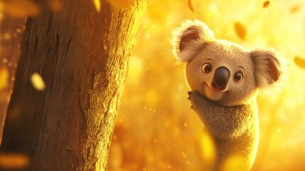 Poster - A cute koala smiling in a warm, golden environment, surrounded by falling leaves.