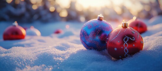 Wall Mural - Colorful Christmas ornaments resting gently on a snowy landscape during a serene winter sunset.