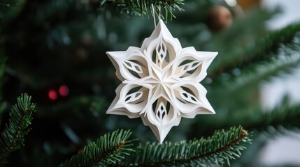 Canvas Print - Delicate white snowflake ornament hanging on a lush green Christmas tree capturing the festive holiday spirit and seasonal charm.