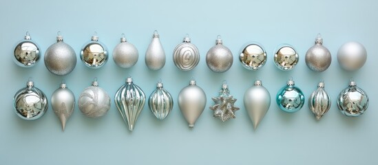 Poster - silver christmas ornaments on light blue background flat lay arrangement festive decoration empty sp