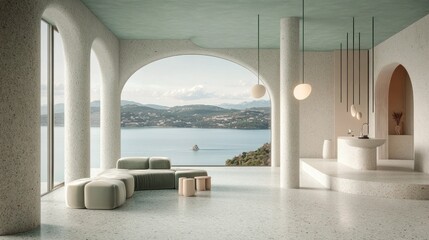 Poster - A serene modern interior with panoramic views of nature and minimalist design elements.