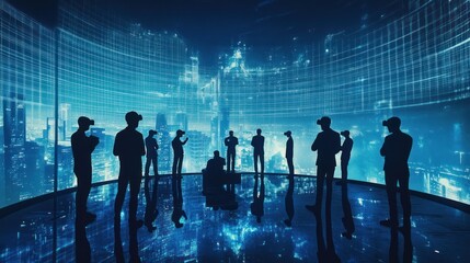 Poster - Silhouettes of people against a futuristic digital backdrop in a high-tech environment.