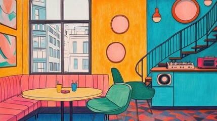 Poster - A vibrant interior scene featuring colorful furniture and decor, ideal for relaxation and socializing.