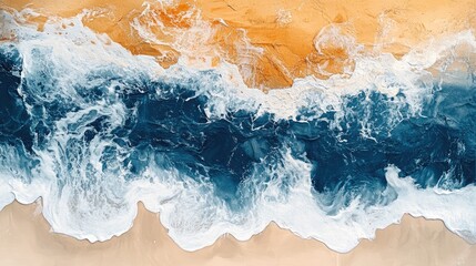 Poster - Aerial view of crashing ocean waves on a sandy beach creating a beautiful natural pattern and contrast between water and shore