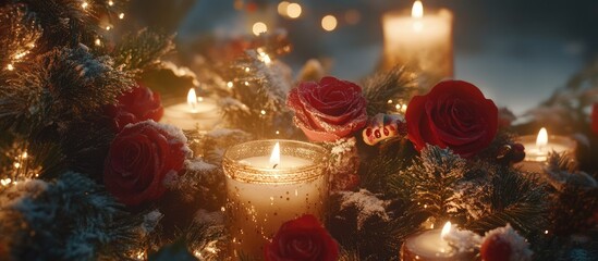 Canvas Print - Winter candle arrangement with fir branches roses and sparkles creating a warm cozy festive atmosphere for holiday celebrations