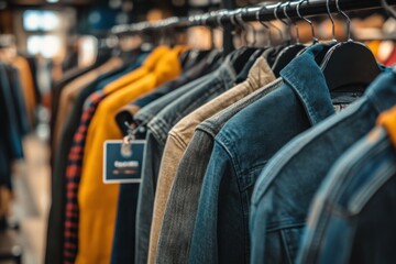 Poster - A display of various jackets hanging on a rack in a clothing store.
