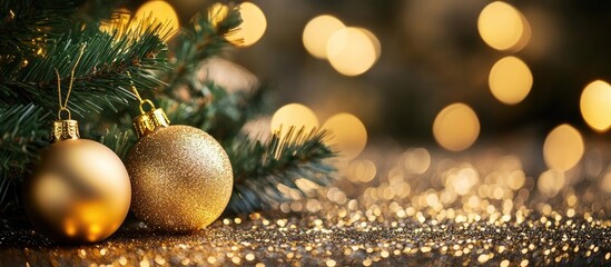 Poster - Elegant Christmas and New Year background with shimmering golden glitter bokeh lights and festive decorations for holiday celebrations