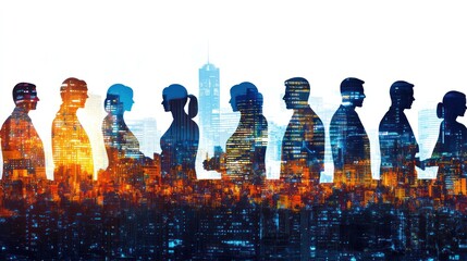 Aufkleber - Silhouettes of people against a cityscape, symbolizing connection and urban life.