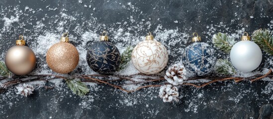 Wall Mural - Elegant Christmas ornaments arranged with fir twigs and pine cones on a snowy backdrop creating a festive holiday atmosphere