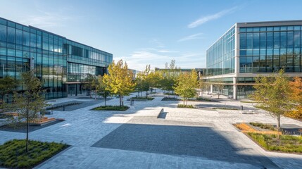 Aufkleber - Modern office complex with landscaped courtyard and glass buildings under a clear sky.