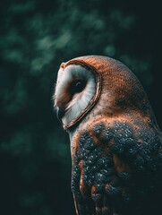 Aufkleber - A close-up of a barn owl with intricate feather patterns in a dark, moody setting.