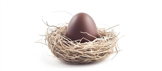 Chocolate egg nestled in a decorative straw nest on a clean white background showcasing Easter theme and seasonal celebration.