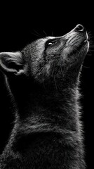 Poster - A monochromatic profile of a raccoon gazing upwards against a black background.