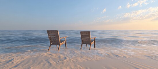 Poster - Tranquil Beach Scene with Wooden Chairs Facing Calm Sea and Soft Horizon under a Clear Sky at Sunset