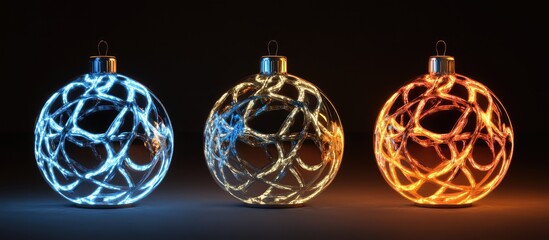Poster - colorful led christmas ornaments glowing with intricate light patterns on a dark background for fest
