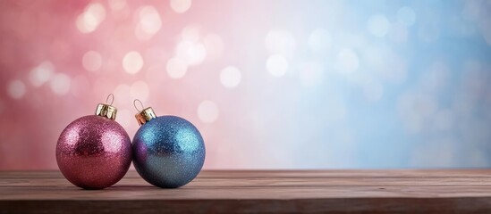 Poster - Colorful Christmas baubles on wooden table with blurred festive background in red and blue tones for holiday decoration themes
