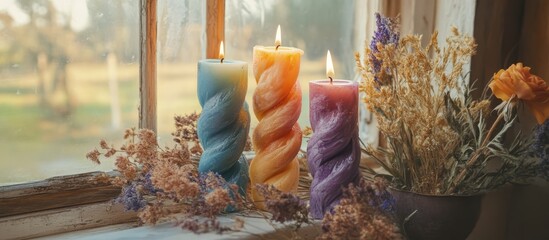 Poster - Twisted colorful candles made from foundation on a windowsill with dried flowers creating a cozy and inviting atmosphere.