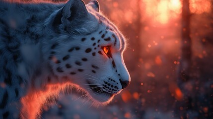 Poster - A majestic snow leopard with glowing eyes amidst a snowy landscape at sunset.