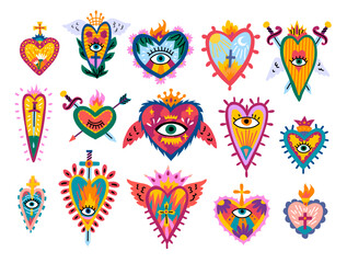 Poster - Cartoon Color Different Sacred Mexican Hearts Icons Set Day of Dead Holiday Concept Flat Design Style. Vector illustration