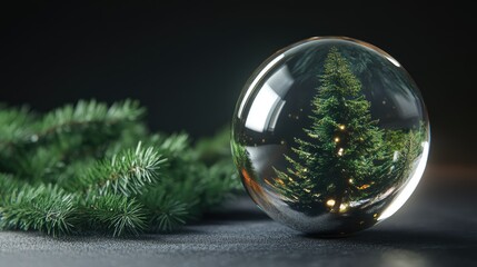 Canvas Print - Christmas tree reflection in glass orb surrounded by pine branches with soft lighting creating a festive atmosphere