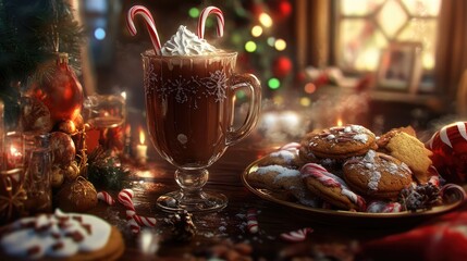 Canvas Print - Cozy Christmas Scene with Hot Chocolate, Candy Canes, and Festive Cookies on a Table Decorated for the Holiday Season