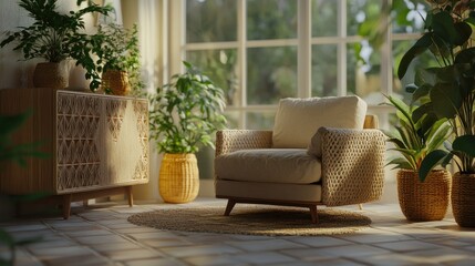 Aufkleber - A cozy, sunlit living space featuring a comfortable chair and lush indoor plants.