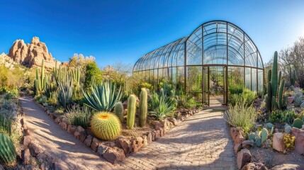 Poster - A greenhouse surrounded by various cacti and desert plants under a clear blue sky.