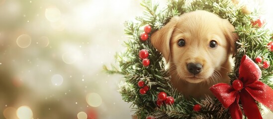 Wall Mural - Close up of a festive Christmas wreath featuring a cute puppy surrounded by greenery and red berries ideal for holiday decoration