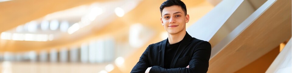 Poster - A young man poses confidently in a modern architectural setting.