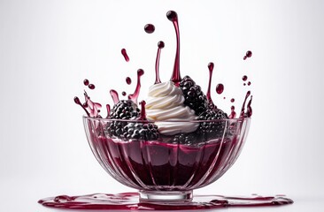 Poster - A bowl of blackberries topped with cream, surrounded by splashes of berry sauce.