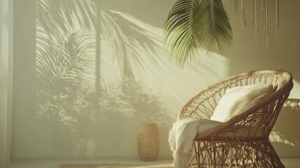 Poster - A serene interior featuring a rattan chair, soft textiles, and lush plant shadows.