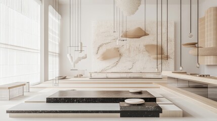 Leinwandbilder - A minimalist dining space featuring natural materials and soft colors.