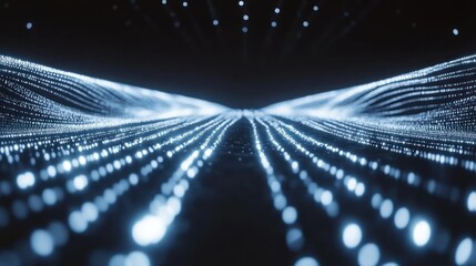 Fototapete - Abstract digital landscape with glowing particles creating a sense of depth and movement.