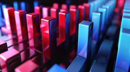 Poster - Growing bars representing big data showcase information and statistics in a striking blue and red color scheme against a dark background, featuring glossy reflections for added depth