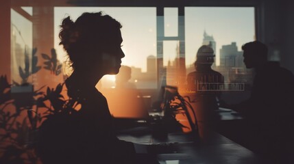 Fototapete - A silhouette of a woman in an office with colleagues, showcasing a professional environment.