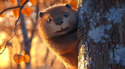 Poster - A cheerful cartoon beaver peeks out from behind a tree in a vibrant autumn setting.