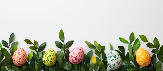 Wall Mural - Colorful handmade Easter eggs nestled in vibrant green leaves on a clean white background with space for seasonal text and decoration ideas.