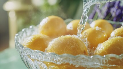 Poster - Fresh lemons in a crystal bowl with water cascading over them.